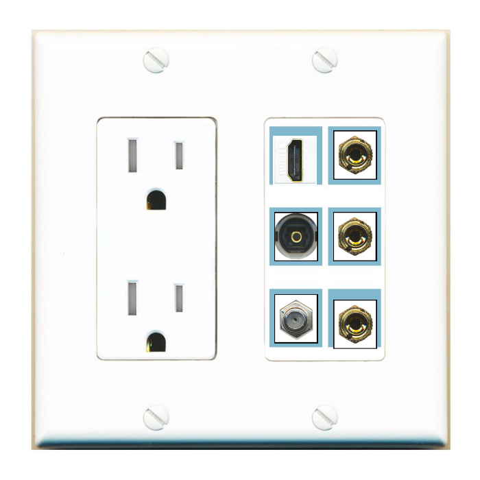 6 Port Custom Keystone Wall Plate with Tamper Resistant DecorZ Power Outlet
