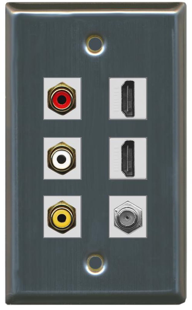 RiteAV - 3 x RCA - 2 X HDMI and 1 x Coax Cable TV Port Wall Plate - Stainless Steel