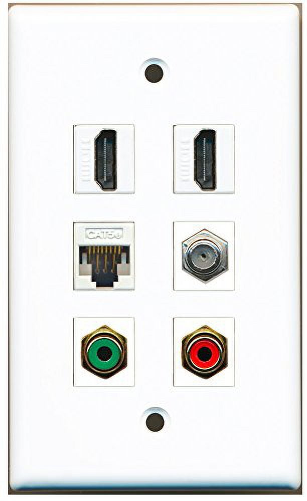 RiteAV - 2 HDMI 1 Port RCA Red 1 Port RCA Green 1 Port Coax Cable TV- F-Type 1 Port Cat5e Ethernet White Wall Plate