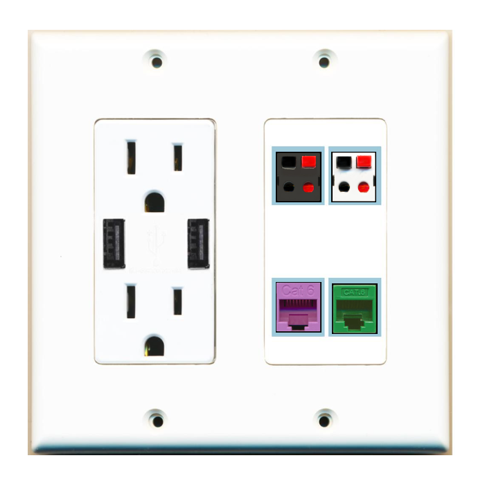 4 Port Custom Keystone Wall Plate w/2 USB Charger Power Outlet