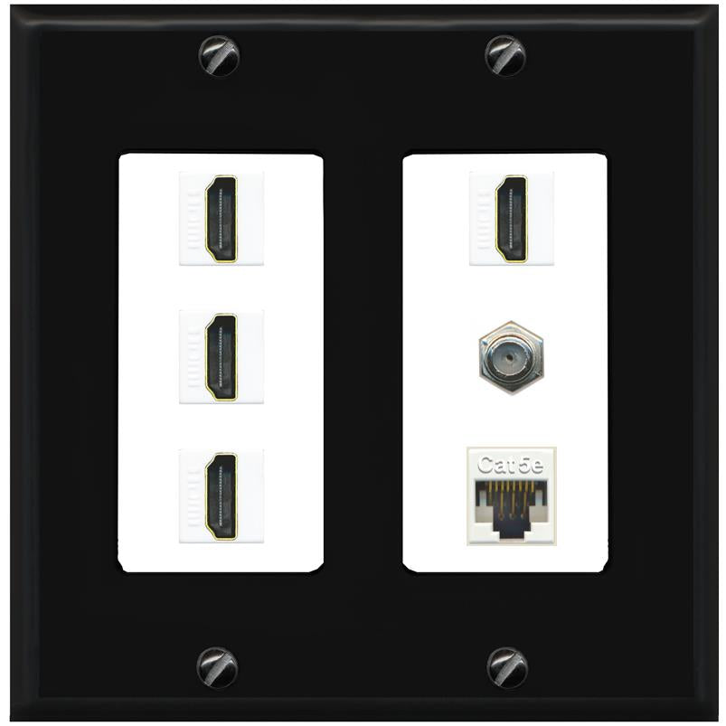 RiteAV 4 Port HDMI 1 Coax Cable TV- F-Type 1 Cat5E Ethernet Wall Plate - 2 Gang [Black/White]