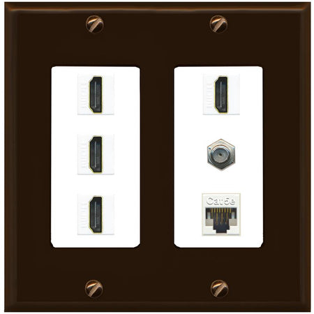 RiteAV 4 Port HDMI 1 Coax Cable TV- F-Type 1 Cat5E Ethernet Wall Plate - 2 Gang [Brown/White]