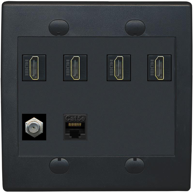 RiteAV 4 Port HDMI 1 Coax Cable TV- F-Type 1 Cat5E Ethernet Wall Plate - Flat 2 Gang [Black/Black]