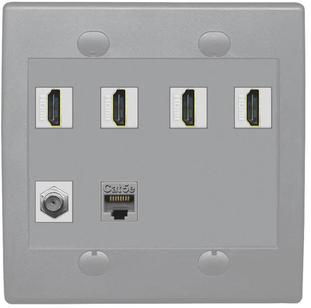 RiteAV 4 Port HDMI 1 Coax Cable TV- F-Type 1 Cat5E Ethernet Wall Plate - Flat 2 Gang [Gray/Gray]