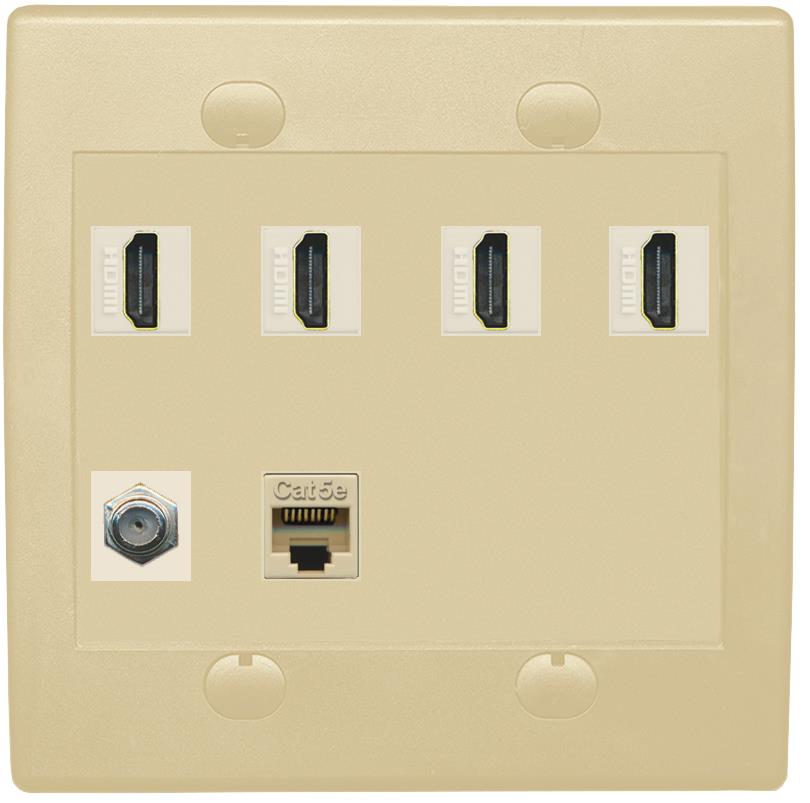 RiteAV 4 Port HDMI 1 Coax Cable TV- F-Type 1 Cat5E Ethernet Wall Plate - Flat 2 Gang [Ivory/Ivory]