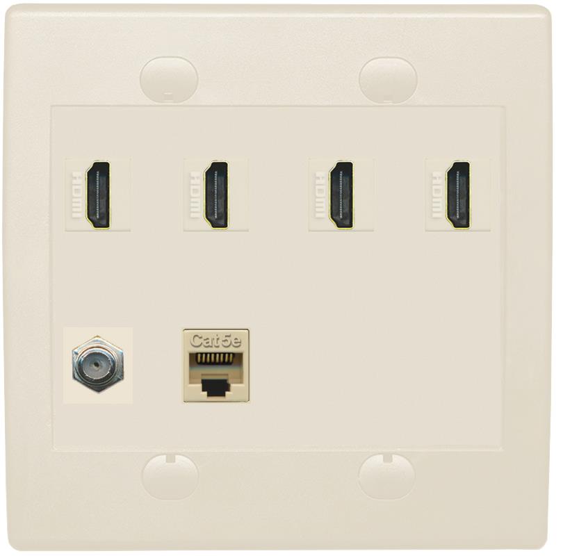 RiteAV 4 Port HDMI 1 Coax Cable TV- F-Type 1 Cat5E Ethernet Wall Plate - Flat 2 Gang [Light Almond]