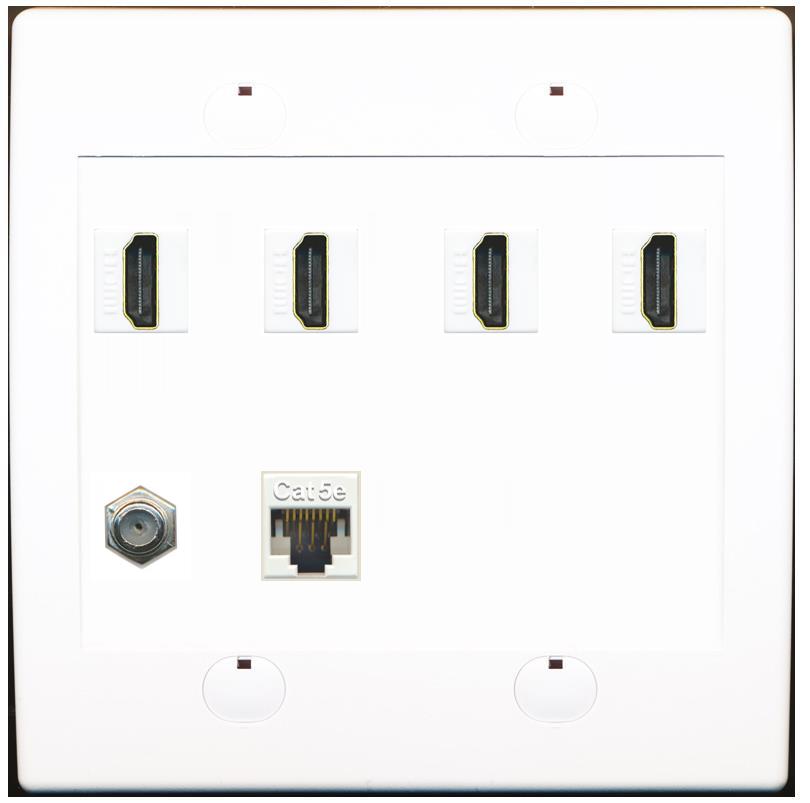 RiteAV 4 Port HDMI 1 Coax Cable TV- F-Type 1 Cat5E Ethernet Wall Plate - Flat 2 Gang [White]