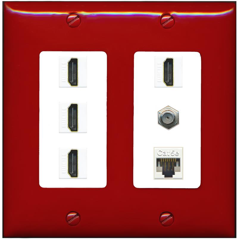 RiteAV 4 Port HDMI 1 Coax Cable TV- F-Type 1 Cat5E Ethernet Wall Plate - 2 Gang [Red/White]