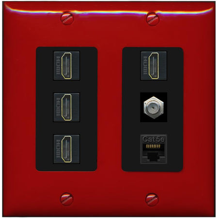 RiteAV 4 Port HDMI 1 Coax Cable TV- F-Type 1 Cat5E Ethernet Wall Plate - 2 Gang [Red/Black]