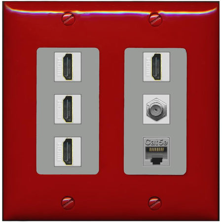 RiteAV 4 Port HDMI 1 Coax Cable TV- F-Type 1 Cat5E Ethernet Wall Plate - 2 Gang [Red/Gray]