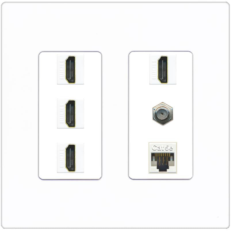 RiteAV 4 Port HDMI 1 Coax Cable TV- F-Type 1 Cat5E Ethernet Wall Plate - 2 Gang [Screwless White]