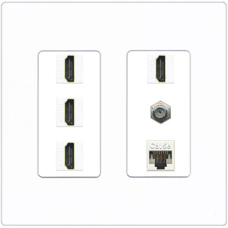 RiteAV 4 Port HDMI 1 Coax Cable TV- F-Type 1 Cat5E Ethernet Wall Plate - 2 Gang [Screwless White]