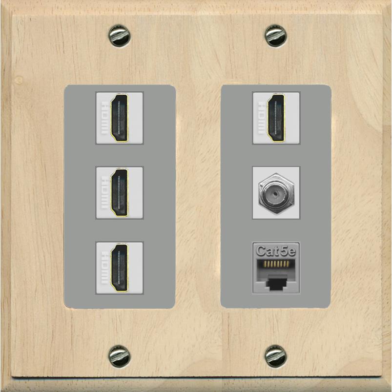 RiteAV 4 Port HDMI 1 Coax Cable TV- F-Type 1 Cat5E Ethernet Wall Plate - 2 Gang [Wood/Gray]