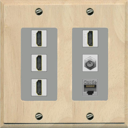 RiteAV 4 Port HDMI 1 Coax Cable TV- F-Type 1 Cat5E Ethernet Wall Plate - 2 Gang [Wood/Gray]