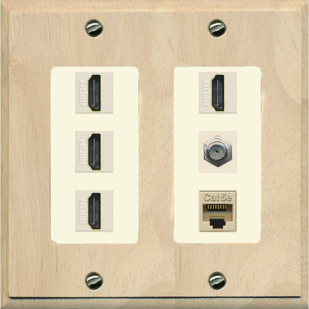 RiteAV 4 Port HDMI 1 Coax Cable TV- F-Type 1 Cat5E Ethernet Wall Plate - 2 Gang [Wood/Light-Almond]