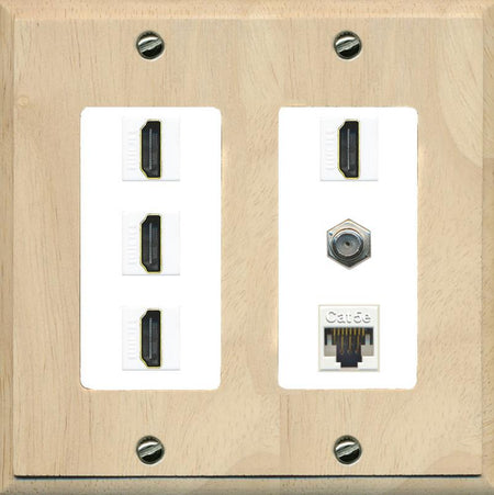 RiteAV 4 Port HDMI 1 Coax Cable TV- F-Type 1 Cat5E Ethernet Wall Plate - 2 Gang [Wood/White]