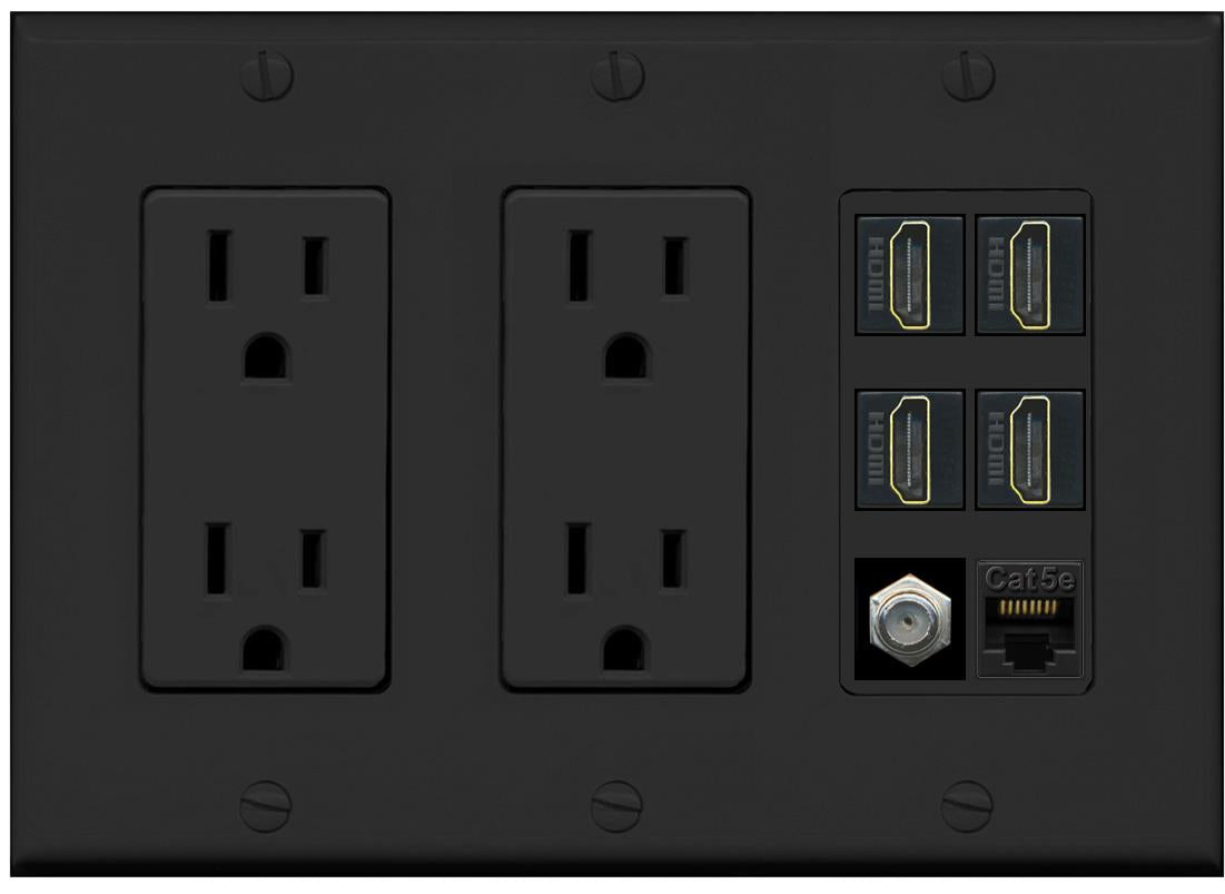 RiteAV 4 Port HDMI 1 Coax Cable TV- F-Type 1 Cat5E Ethernet Wall Plate - 2 Outlet [Black/Black]