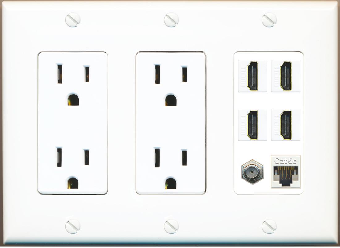 RiteAV 4 Port HDMI 1 Coax Cable TV- F-Type 1 Cat5E Ethernet Wall Plate - 2 Outlet [White]