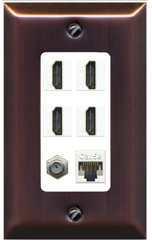 RiteAV 4 Port HDMI 1 Coax Cable TV- F-Type 1 Cat5E Ethernet Wall Plate - 1 Gang [Brushed-Copper/White]