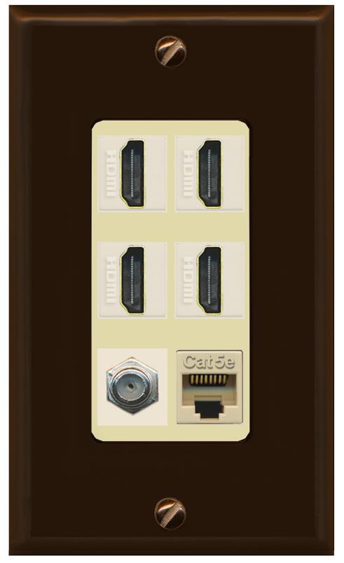 RiteAV 4 Port HDMI 1 Coax Cable TV- F-Type 1 Cat5E Ethernet Wall Plate - 1 Gang [Brown/Ivory]