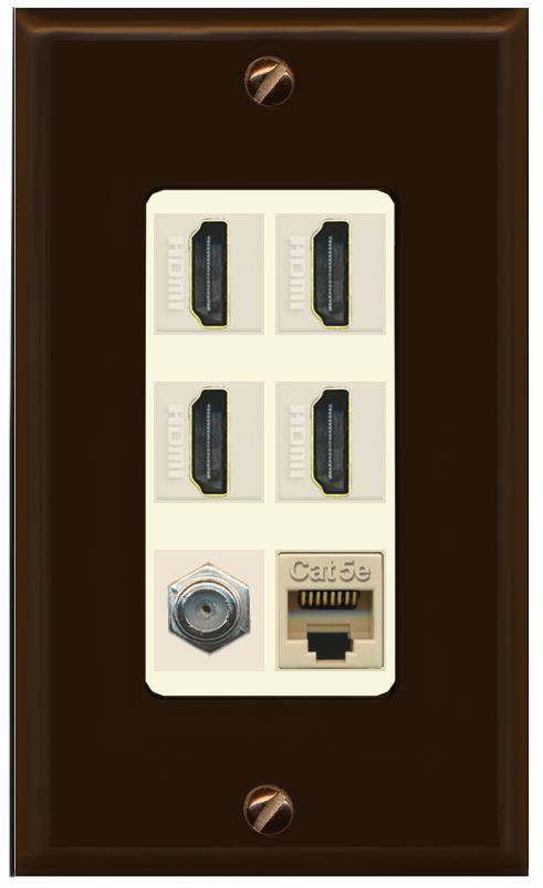 RiteAV 4 Port HDMI 1 Coax Cable TV- F-Type 1 Cat5E Ethernet Wall Plate - 1 Gang [Brown/Light-Almond]