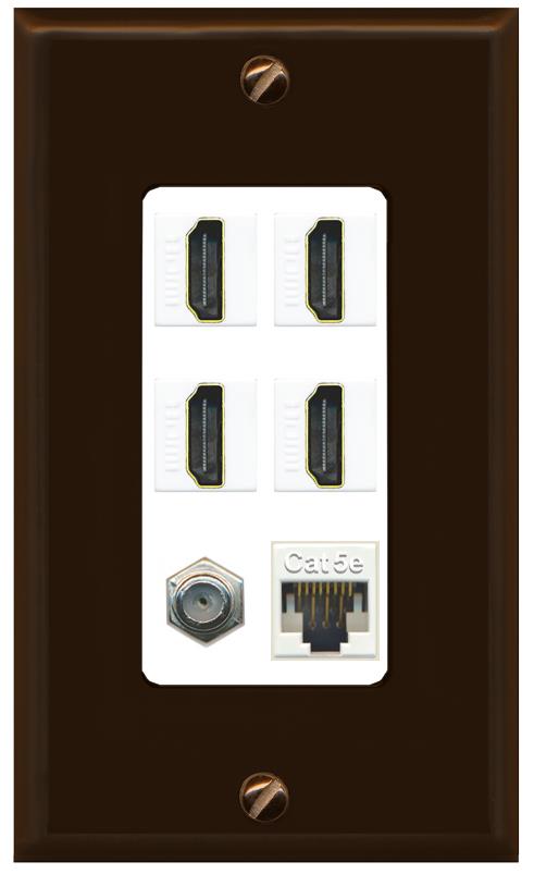 RiteAV 4 Port HDMI 1 Coax Cable TV- F-Type 1 Cat5E Ethernet Wall Plate - 1 Gang [Brown/White]