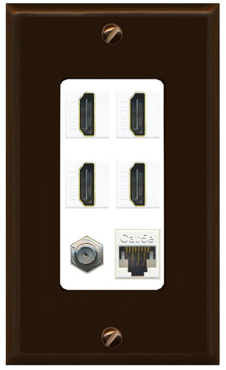 RiteAV 4 Port HDMI 1 Coax Cable TV- F-Type 1 Cat5E Ethernet Wall Plate - 1 Gang [Brown/White]