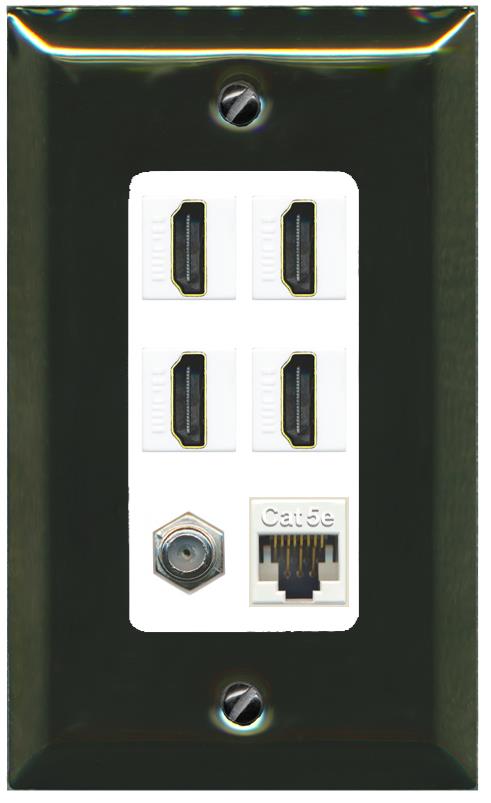 RiteAV 4 Port HDMI 1 Coax Cable TV- F-Type 1 Cat5E Ethernet Wall Plate - 1 Gang [Brass/White]