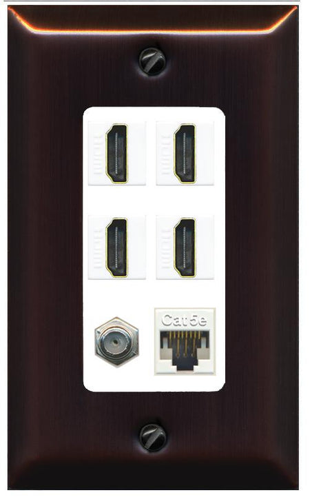 RiteAV 4 Port HDMI 1 Coax Cable TV- F-Type 1 Cat5E Ethernet Wall Plate - 1 Gang [Bronze/White]