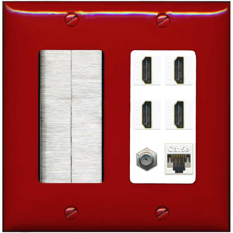 RiteAV 4 Port HDMI 1 Coax Cable TV- F-Type 1 Cat5E Ethernet Wall Plate - Brush [Red/White]