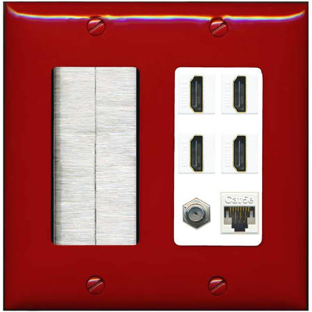 RiteAV 4 Port HDMI 1 Coax Cable TV- F-Type 1 Cat5E Ethernet Wall Plate - Brush [Red/White]