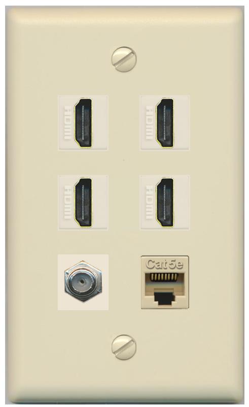 RiteAV 4 Port HDMI 1 Coax Cable TV- F-Type 1 Cat5E Ethernet Wall Plate - Flat [Ivory/Ivory]