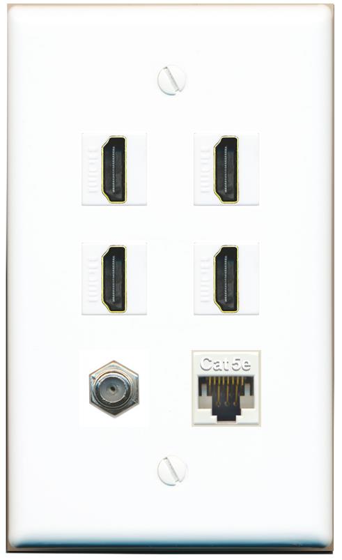 RiteAV 4 Port HDMI 1 Coax Cable TV- F-Type 1 Cat5E Ethernet Wall Plate - Flat [White]