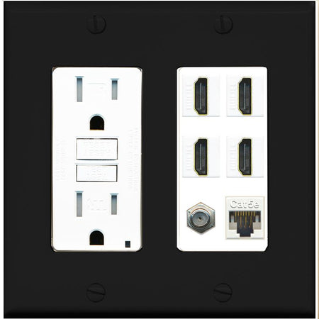 RiteAV 4 Port HDMI 1 Coax Cable TV- F-Type 1 Cat5E Ethernet Wall Plate - GFCI [Black/White]