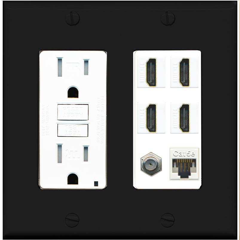 RiteAV 4 Port HDMI 1 Coax Cable TV- F-Type 1 Cat5E Ethernet Wall Plate - GFCI [Black/White]