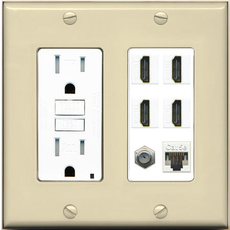 RiteAV 4 Port HDMI 1 Coax Cable TV- F-Type 1 Cat5E Ethernet Wall Plate - GFCI [Ivory/White]