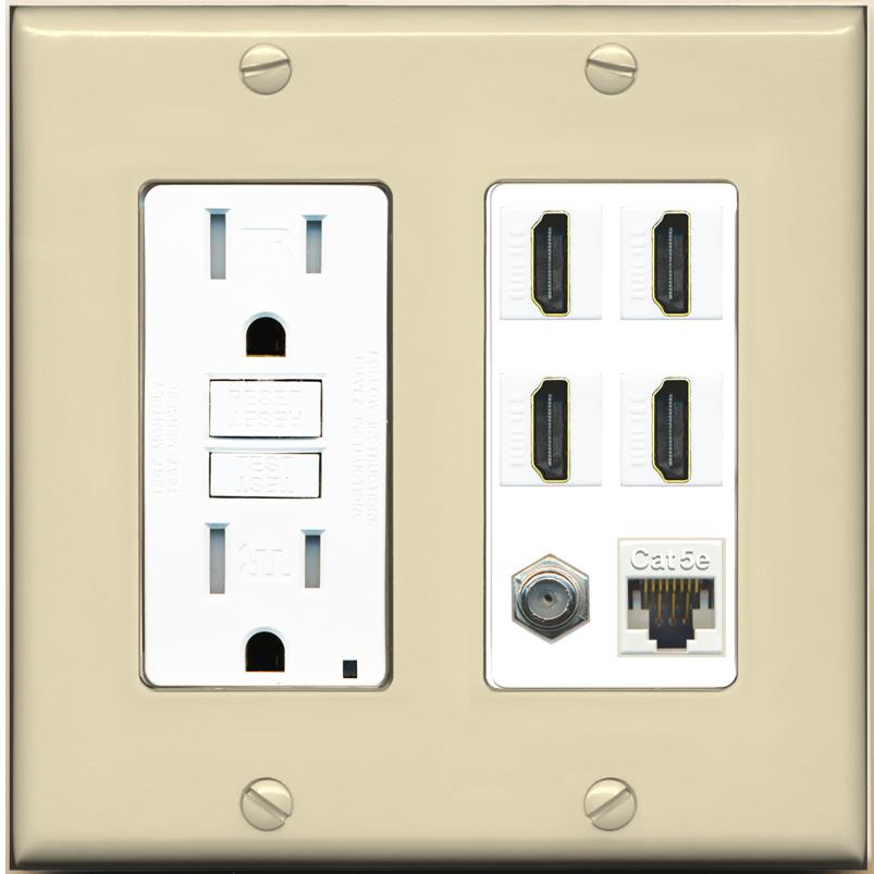 RiteAV 4 Port HDMI 1 Coax Cable TV- F-Type 1 Cat5E Ethernet Wall Plate - GFCI [Ivory/White]