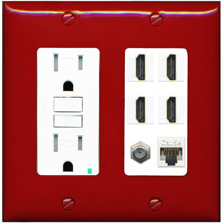 RiteAV 4 Port HDMI 1 Coax Cable TV- F-Type 1 Cat5E Ethernet Wall Plate - GFCI [Red/White]