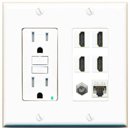 RiteAV 4 Port HDMI 1 Coax Cable TV- F-Type 1 Cat5E Ethernet Wall Plate - GFCI [White]