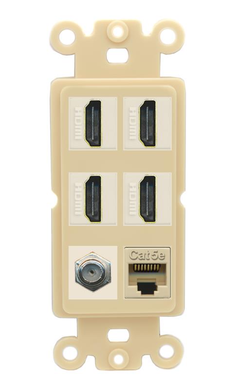 RiteAV 4 Port HDMI 1 Coax Cable TV- F-Type 1 Cat5E Ethernet Wall Plate - Rocker [Ivory/Ivory]