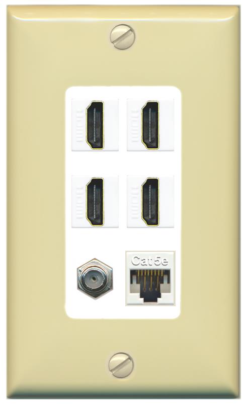 RiteAV 4 Port HDMI 1 Coax Cable TV- F-Type 1 Cat5E Ethernet Wall Plate - 1 Gang [Ivory/White]