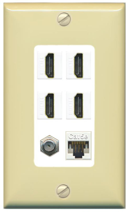 RiteAV 4 Port HDMI 1 Coax Cable TV- F-Type 1 Cat5E Ethernet Wall Plate - 1 Gang [Ivory/White]