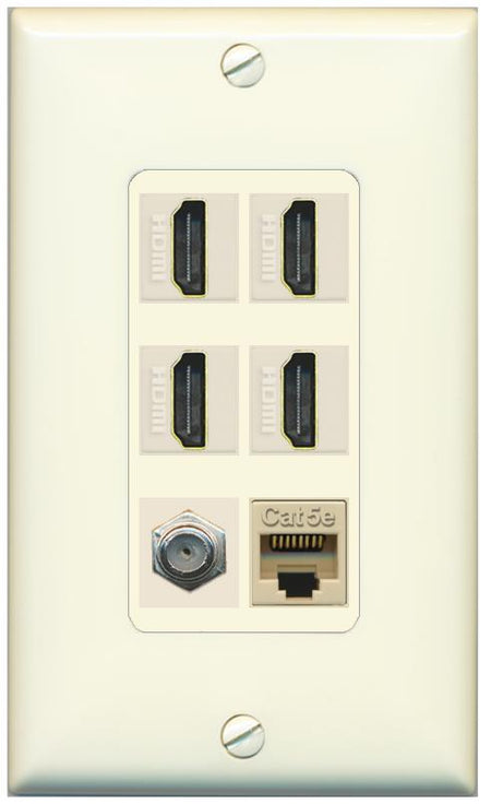 RiteAV 4 Port HDMI 1 Coax Cable TV- F-Type 1 Cat5E Ethernet Wall Plate - 1 Gang [Light-Almond]