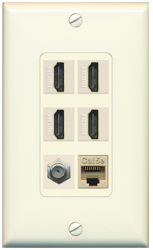 RiteAV 4 Port HDMI 1 Coax Cable TV- F-Type 1 Cat5E Ethernet Wall Plate - 1 Gang [Light-Almond]