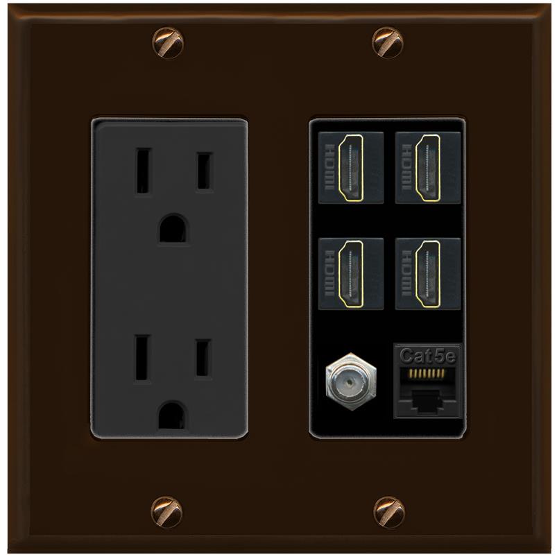 RiteAV 4 Port HDMI 1 Coax Cable TV- F-Type 1 Cat5E Ethernet Wall Plate - Outlet [Brown/Black]