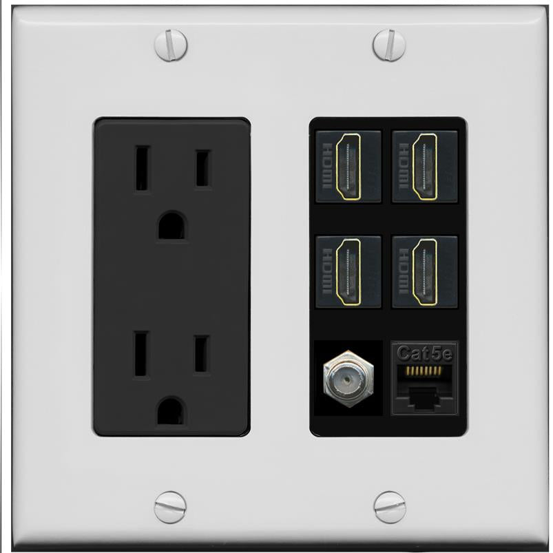 RiteAV 4 Port HDMI 1 Coax Cable TV- F-Type 1 Cat5E Ethernet Wall Plate - Outlet [Gray/Black]