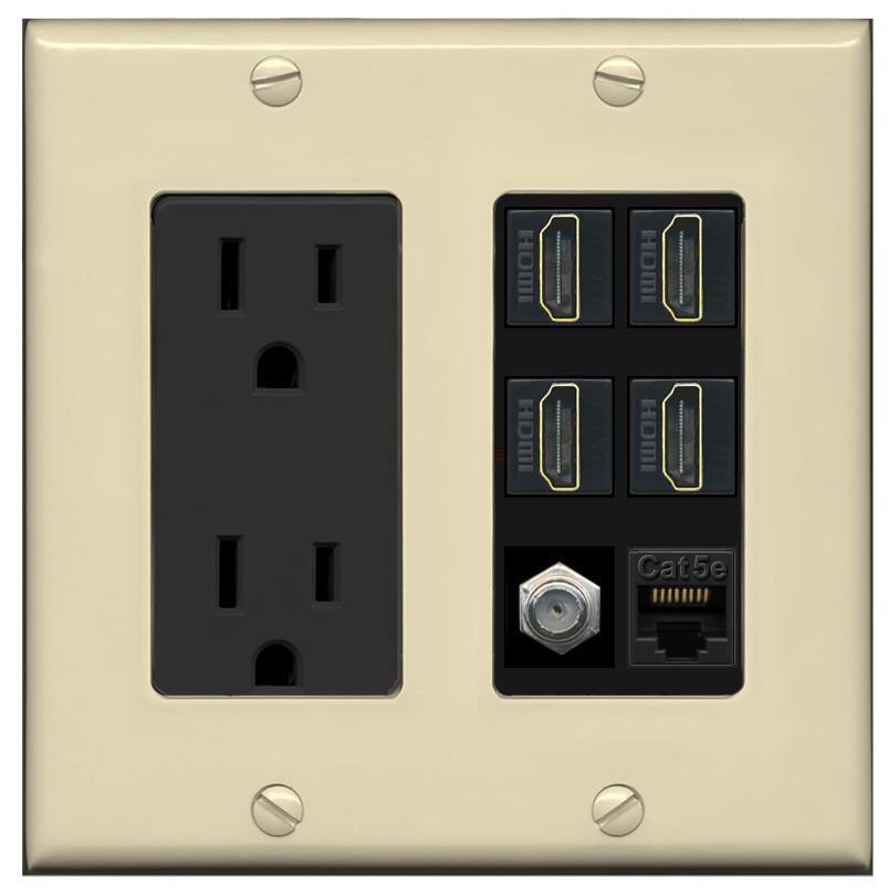 RiteAV 4 Port HDMI 1 Coax Cable TV- F-Type 1 Cat5E Ethernet Wall Plate - Outlet [Ivory/Black]