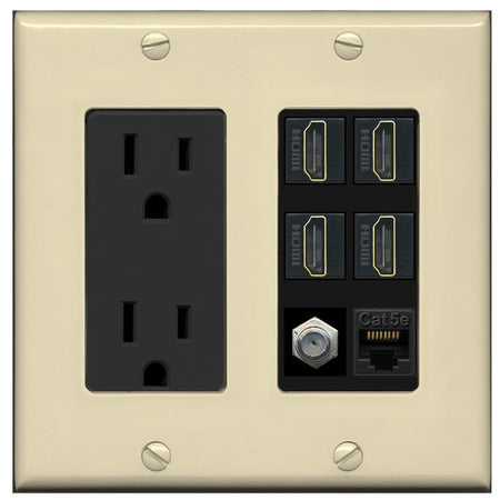 RiteAV 4 Port HDMI 1 Coax Cable TV- F-Type 1 Cat5E Ethernet Wall Plate - Outlet [Ivory/Black]