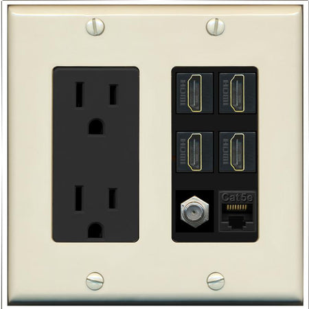 RiteAV 4 Port HDMI 1 Coax Cable TV- F-Type 1 Cat5E Ethernet Wall Plate - Outlet [Light-Almond/Black]