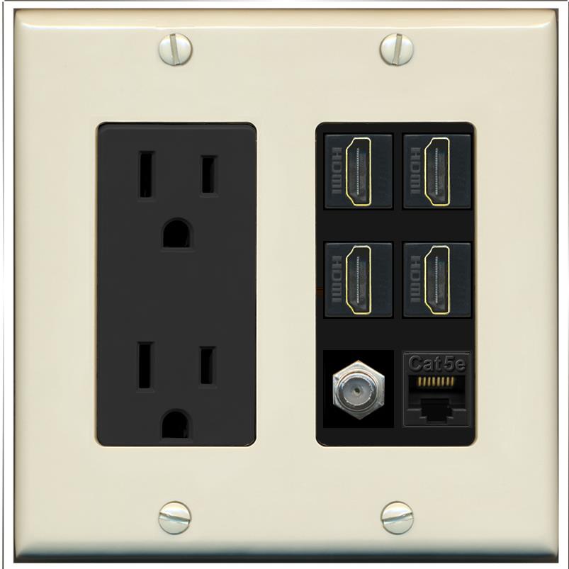 RiteAV 4 Port HDMI 1 Coax Cable TV- F-Type 1 Cat5E Ethernet Wall Plate - Outlet [Light-Almond/Black]